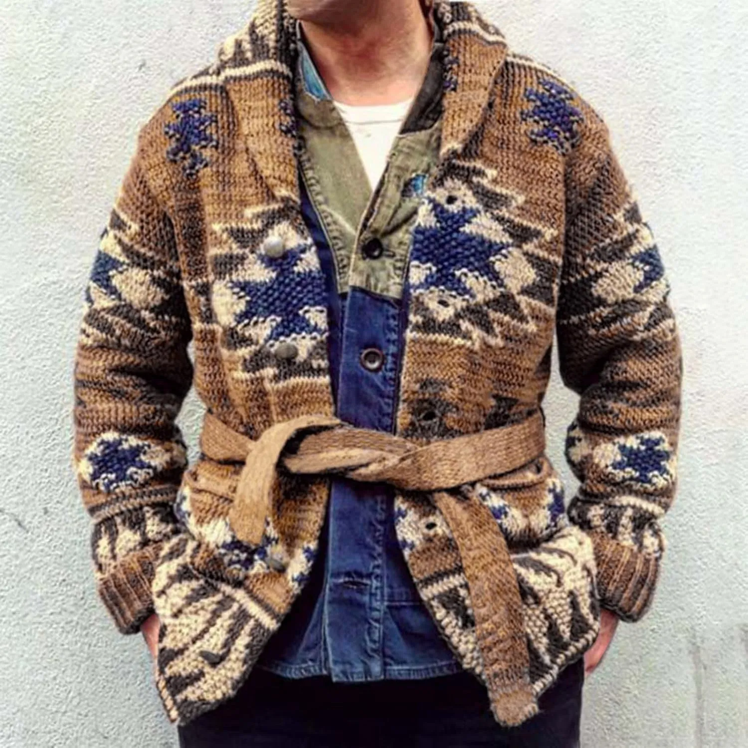 Ethnic Pattern Sweater Men Vintage Cardigan Sweater V Neck Button Down Sweaters Lightweight Knit Cardigan with Pocket