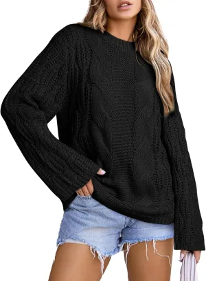 EVALESS Sweaters for Women 2024 Trendy Casual Crewneck Long Sleeve Cable Knit Pullover Sweaters Tops Fall Clothes