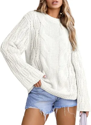 EVALESS Sweaters for Women 2024 Trendy Casual Crewneck Long Sleeve Cable Knit Pullover Sweaters Tops Fall Clothes