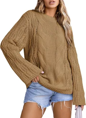EVALESS Sweaters for Women 2024 Trendy Casual Crewneck Long Sleeve Cable Knit Pullover Sweaters Tops Fall Clothes