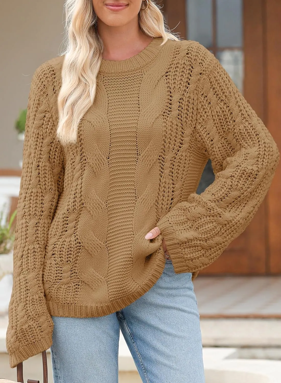 EVALESS Sweaters for Women 2024 Trendy Casual Crewneck Long Sleeve Cable Knit Pullover Sweaters Tops Fall Clothes