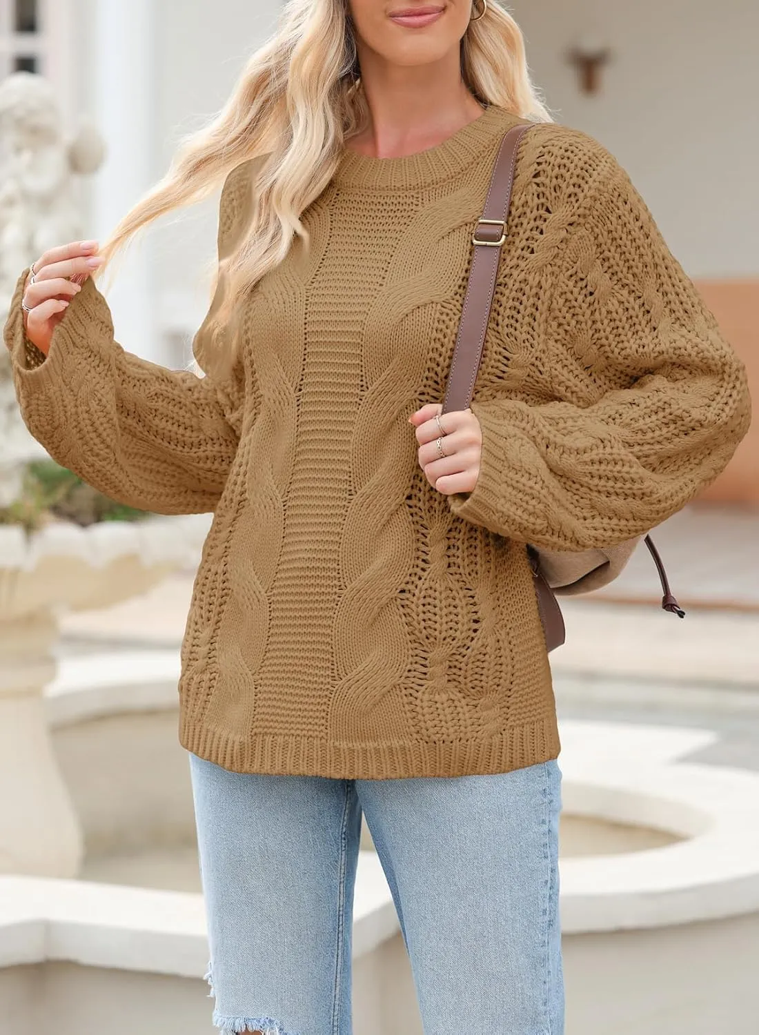 EVALESS Sweaters for Women 2024 Trendy Casual Crewneck Long Sleeve Cable Knit Pullover Sweaters Tops Fall Clothes