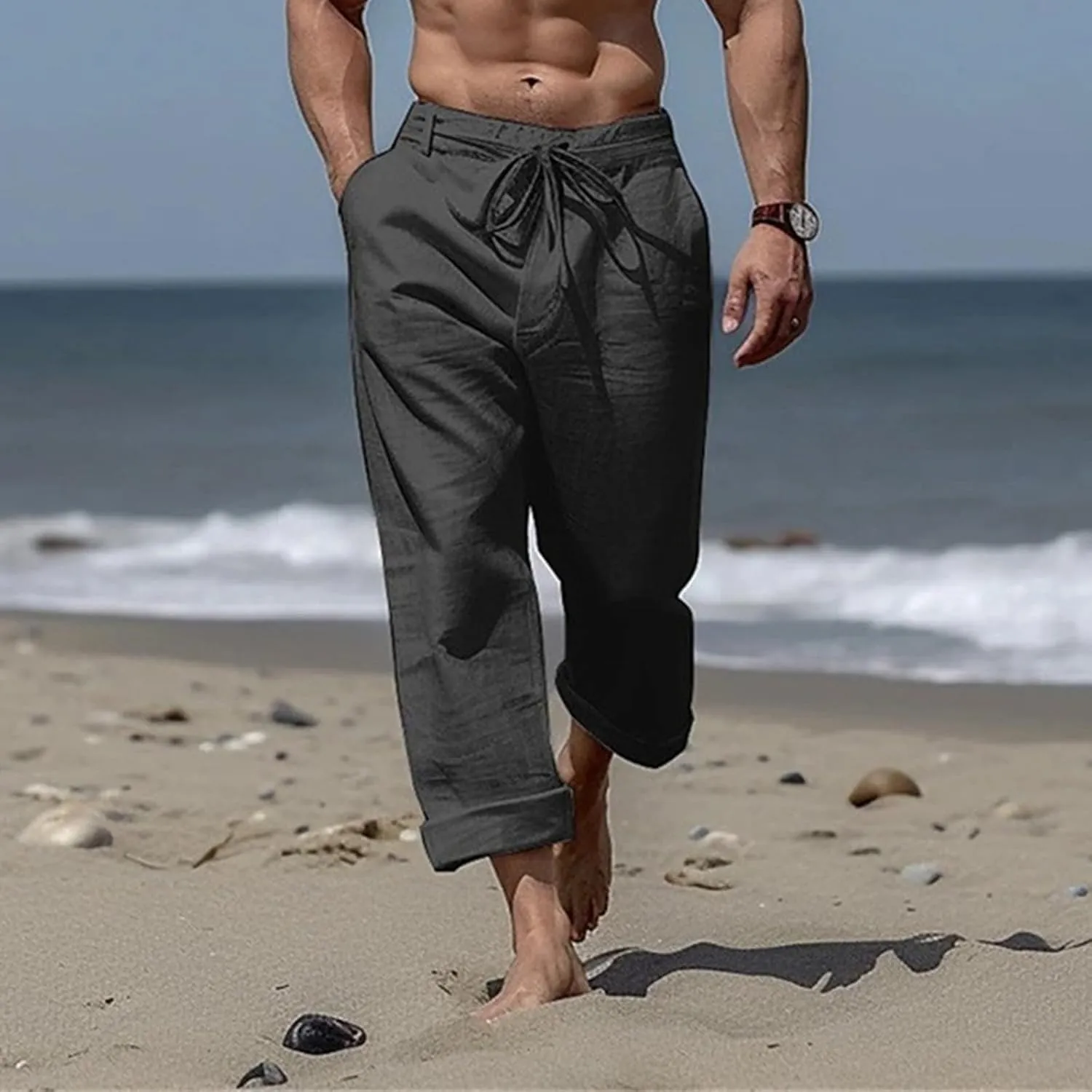 evzosrz Mens Cotton Linen Yoga Pants Casual Straight Drawstring Pockets Elastic Waist Loose Lightweight Beach Trousers