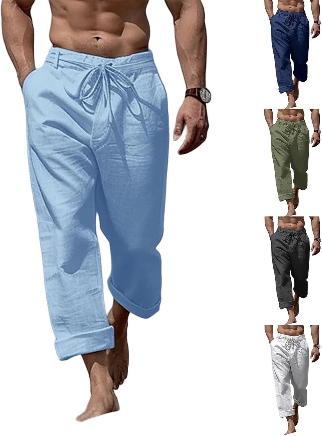evzosrz Mens Cotton Linen Yoga Pants Casual Straight Drawstring Pockets Elastic Waist Loose Lightweight Beach Trousers