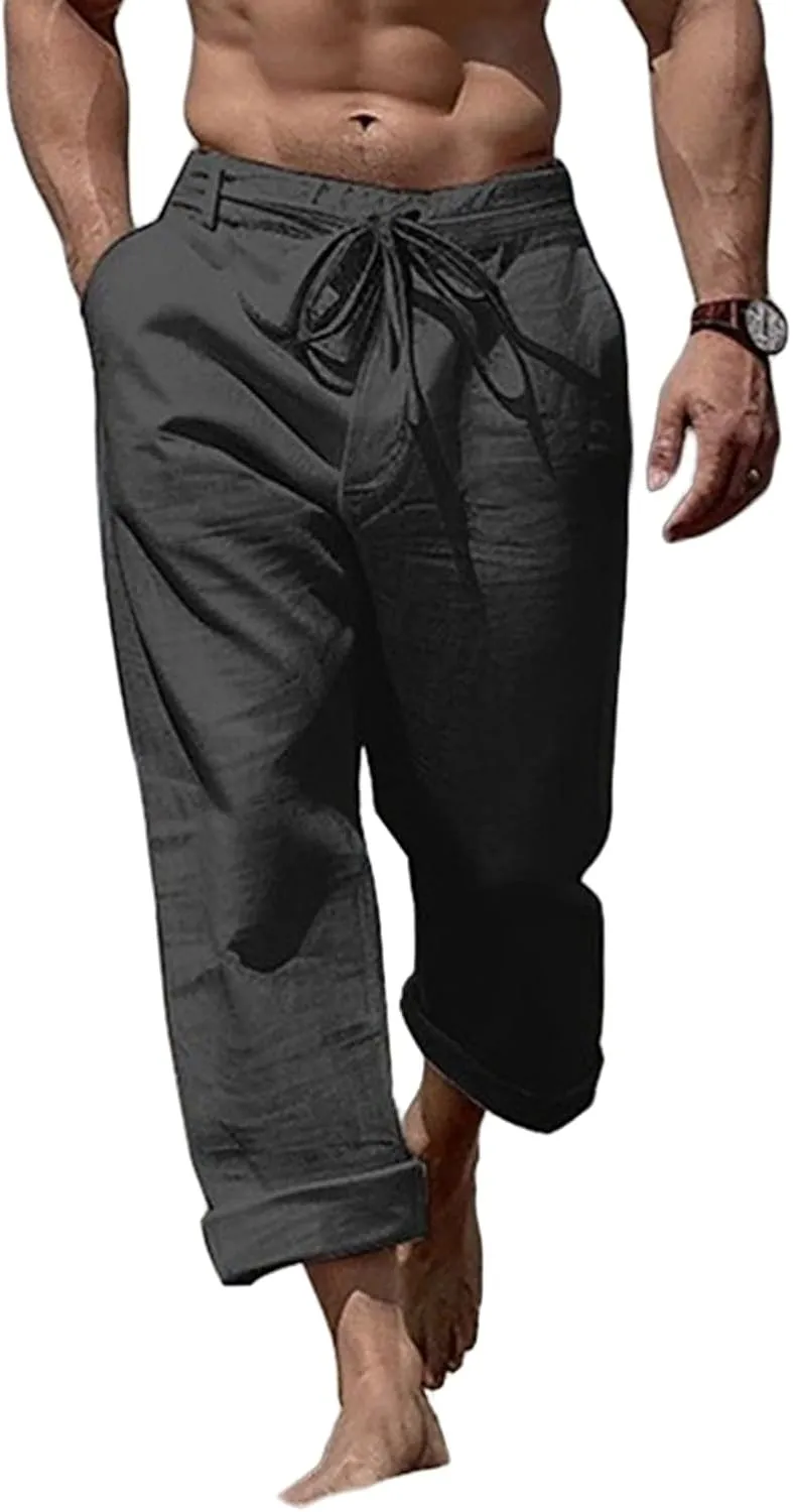 evzosrz Mens Cotton Linen Yoga Pants Casual Straight Drawstring Pockets Elastic Waist Loose Lightweight Beach Trousers