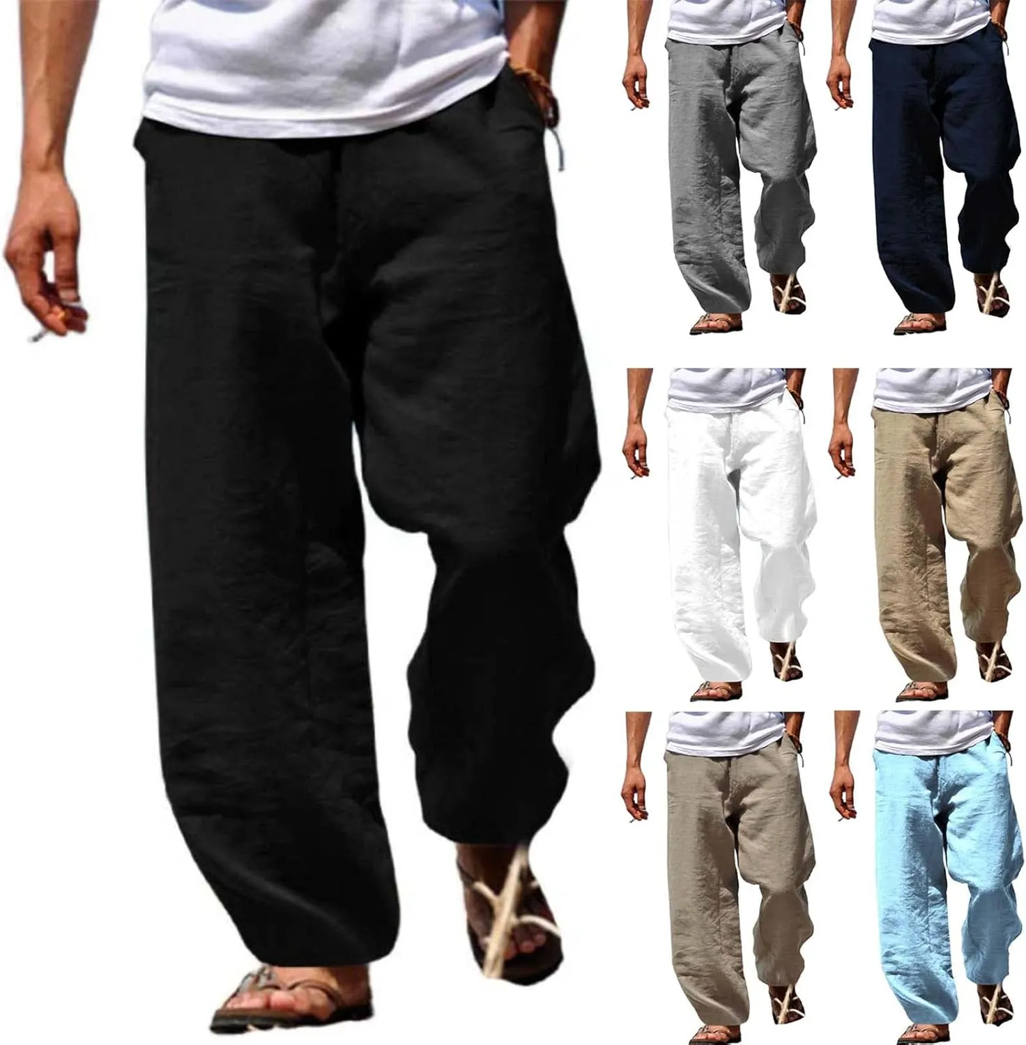 evzosrz Mens Linen Casual Pants Fall Loose Fit Slacks Elastic Waist Trousers Wide Leg Joggers Yoga Beach Pants for Men