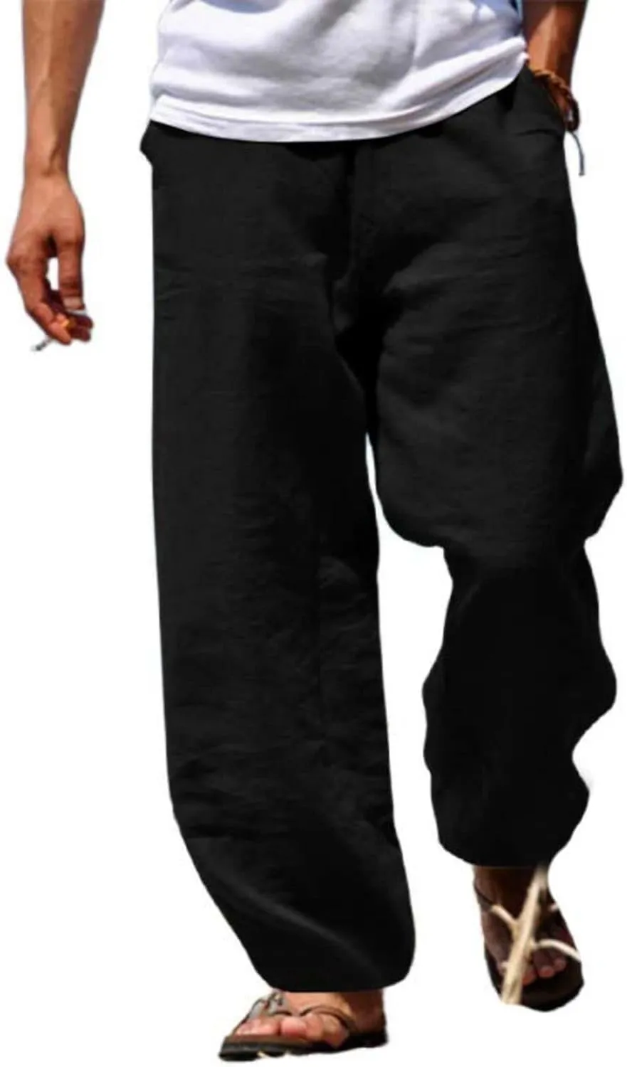 evzosrz Mens Linen Casual Pants Fall Loose Fit Slacks Elastic Waist Trousers Wide Leg Joggers Yoga Beach Pants for Men