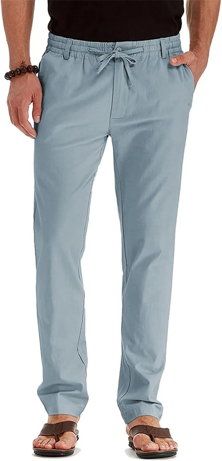 evzosrz Mens Pants Straight Drawstring Casual Business Dress Trousers Elastic Waist Beach Loose Fit Plus Size Flat Front Pant
