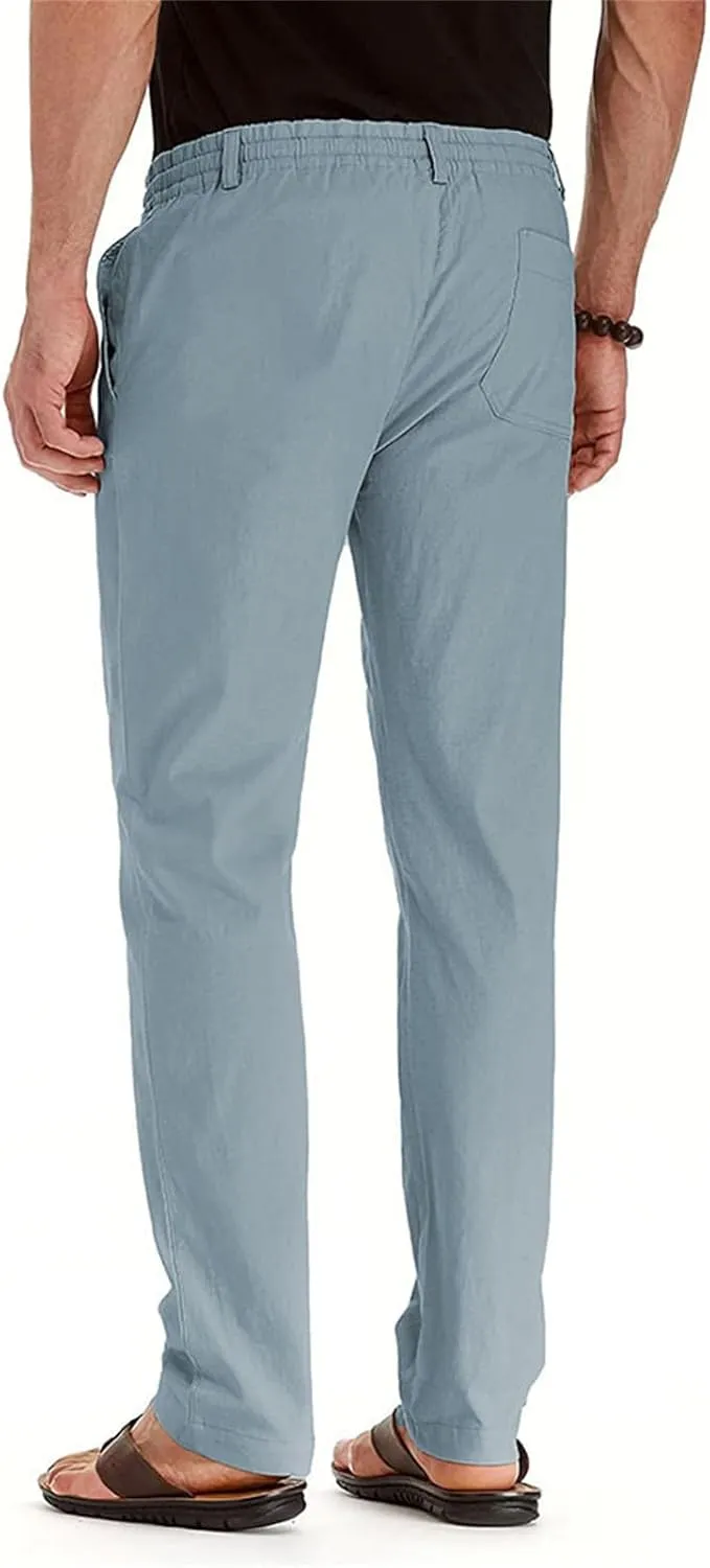 evzosrz Mens Pants Straight Drawstring Casual Business Dress Trousers Elastic Waist Beach Loose Fit Plus Size Flat Front Pant
