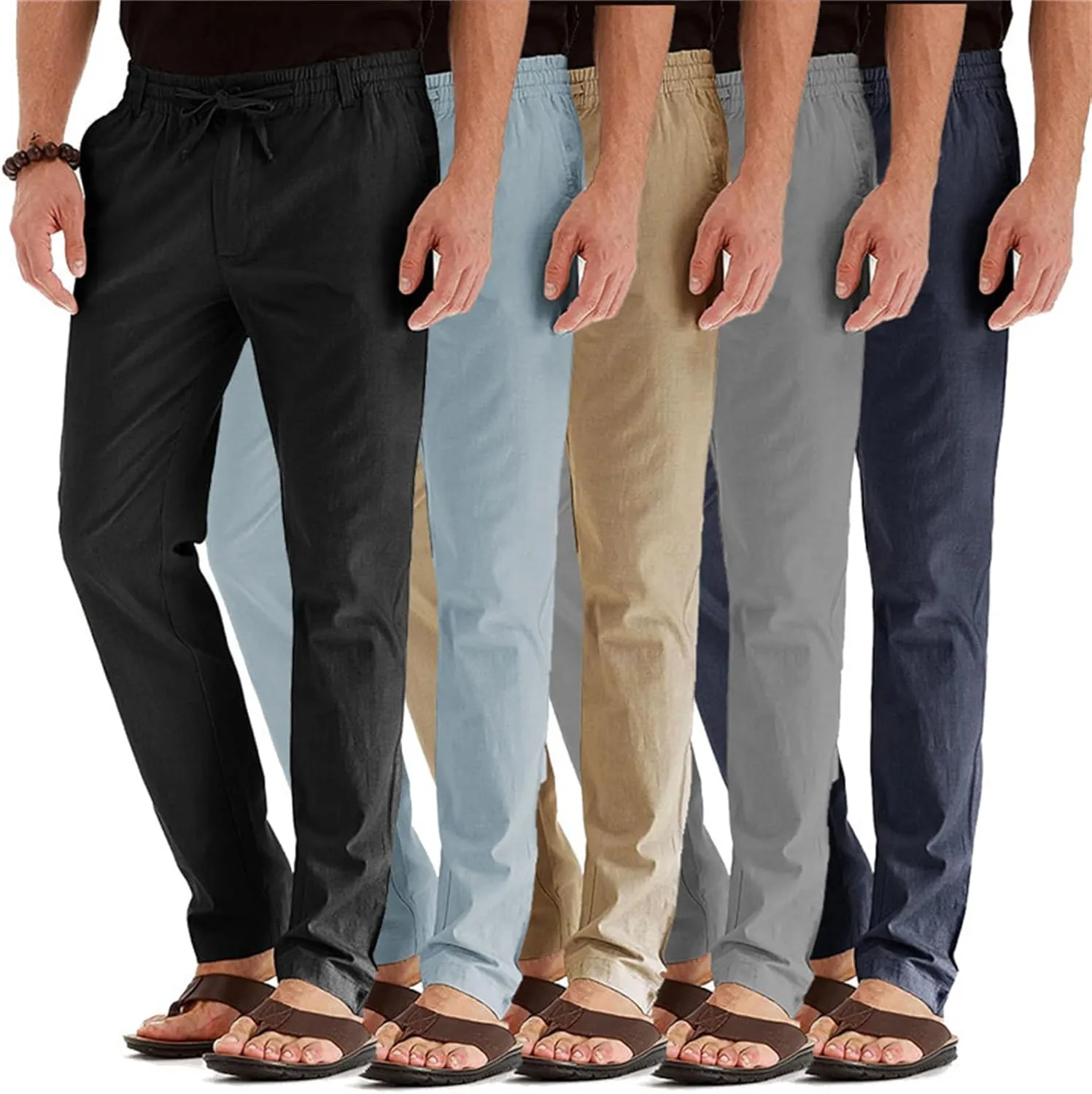 evzosrz Mens Pants Straight Drawstring Casual Business Dress Trousers Elastic Waist Beach Loose Fit Plus Size Flat Front Pant