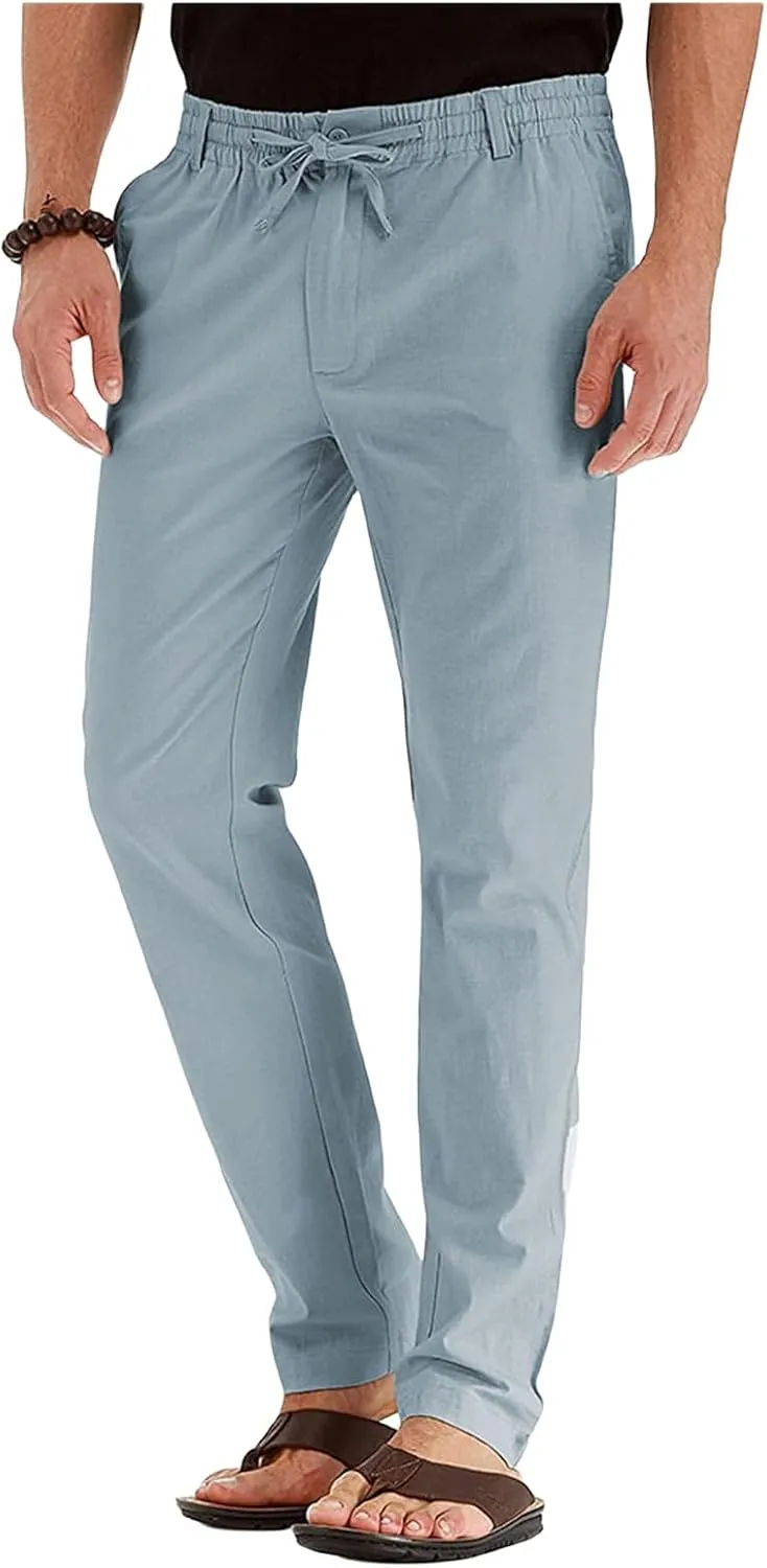 evzosrz Mens Pants Straight Drawstring Casual Business Dress Trousers Elastic Waist Beach Loose Fit Plus Size Flat Front Pant