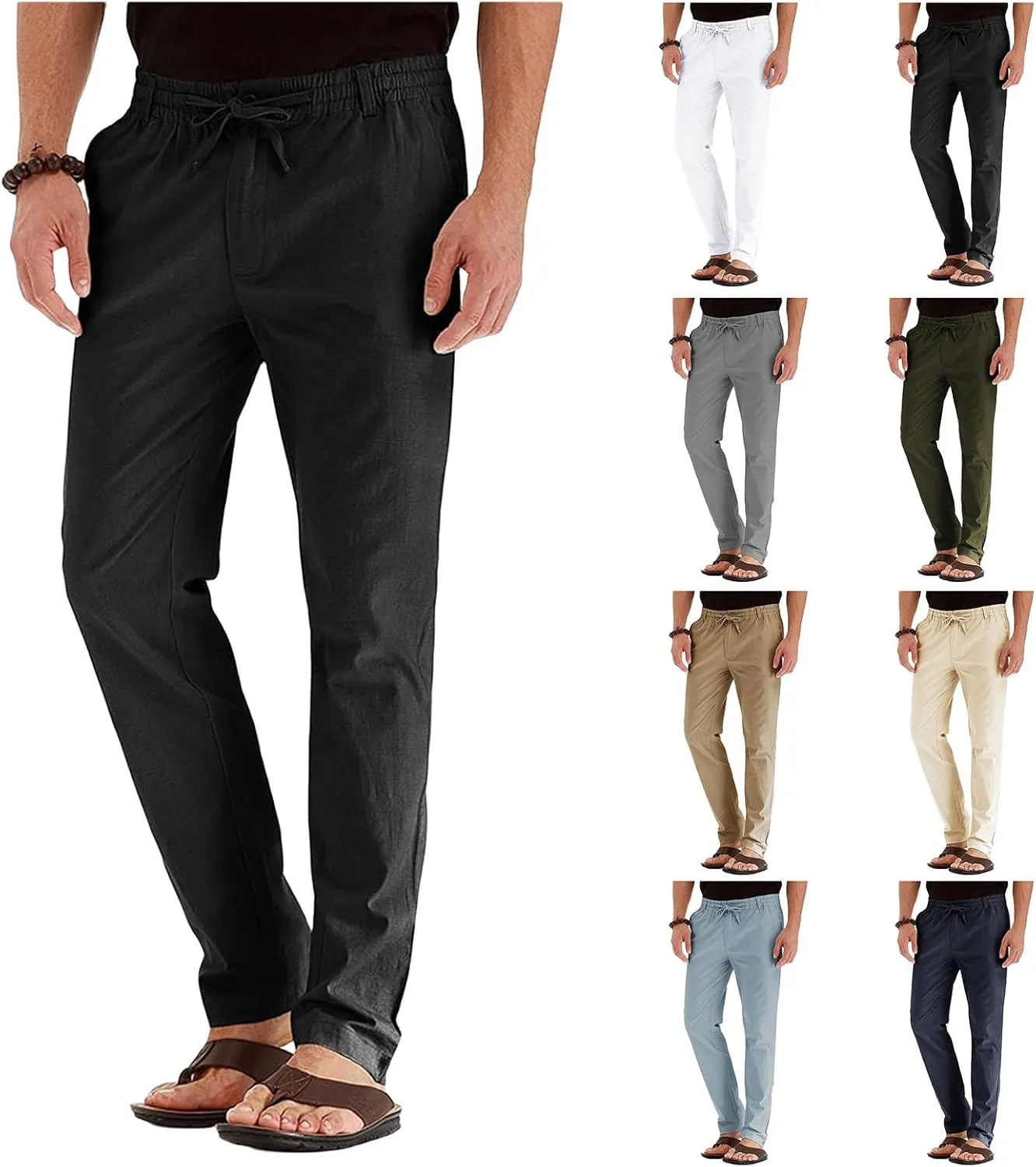 evzosrz Mens Pants Straight Drawstring Casual Business Dress Trousers Elastic Waist Beach Loose Fit Plus Size Flat Front Pant