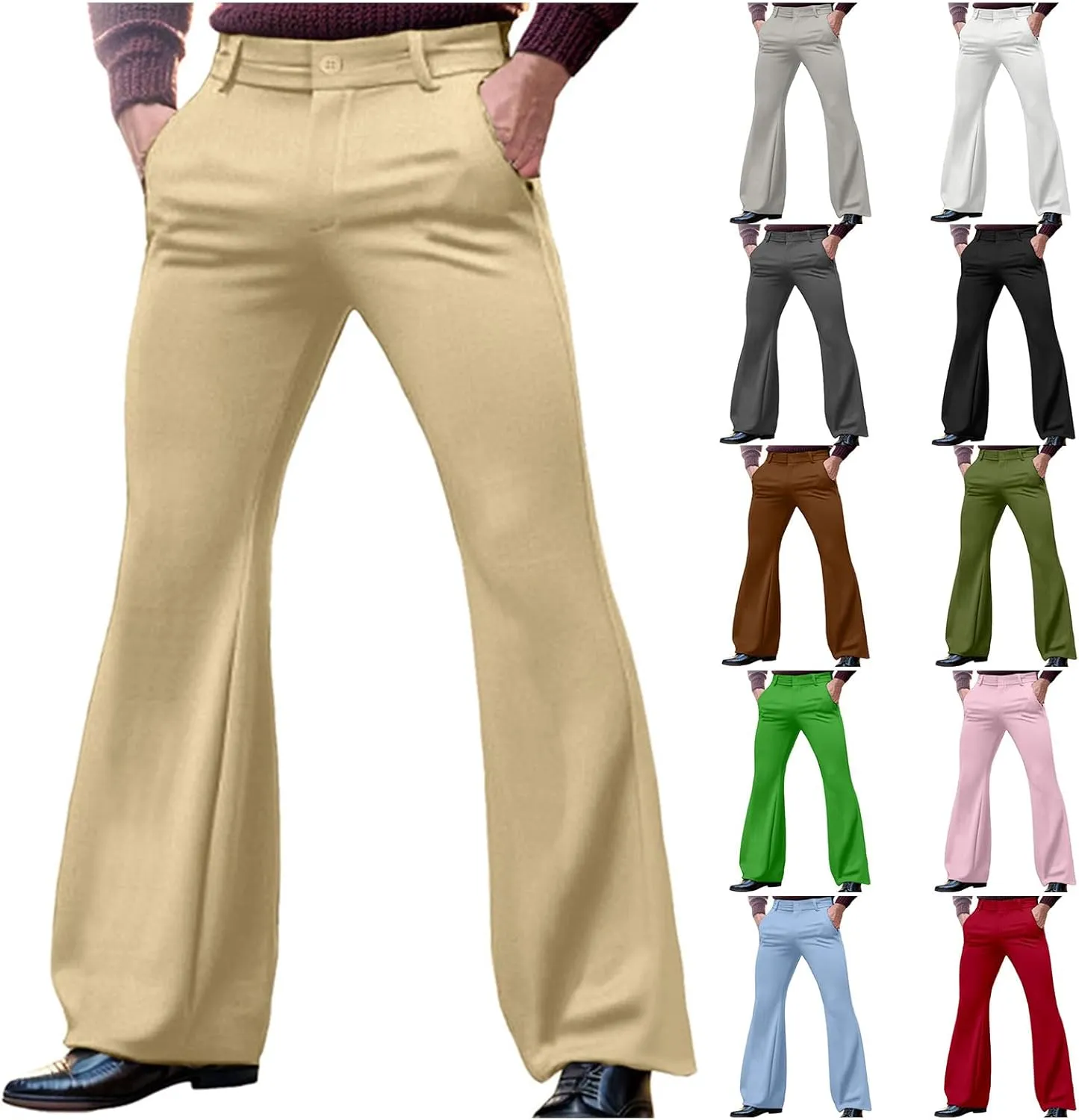 evzosrz Mens Slim Fit Bell Bottom Pants Business Stretch 70s Disco Pants Retro Flared Trouser Fashion Dress Pant with Pockets