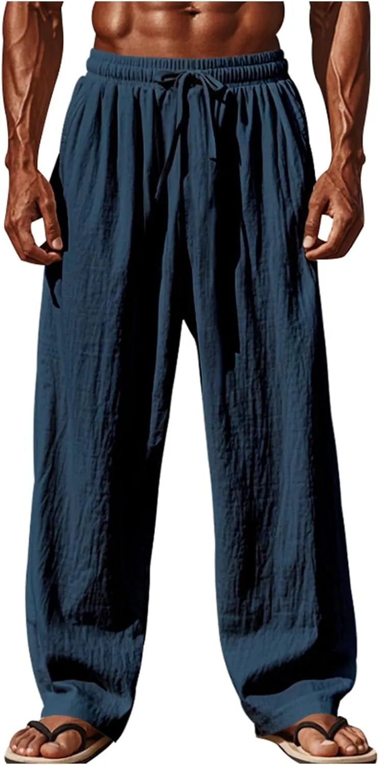 evzosrz Mens Wide Leg Pants Casual Cotton Linen Straight Elastic Waist Trousers Summer Drawstring Solid Loose Fit Beach Pant