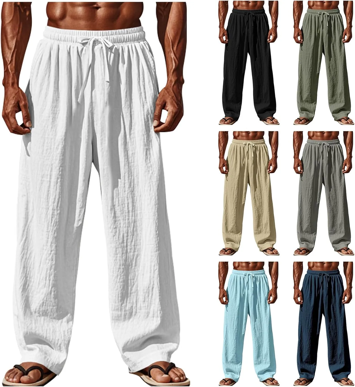 evzosrz Mens Wide Leg Pants Casual Cotton Linen Straight Elastic Waist Trousers Summer Drawstring Solid Loose Fit Beach Pant