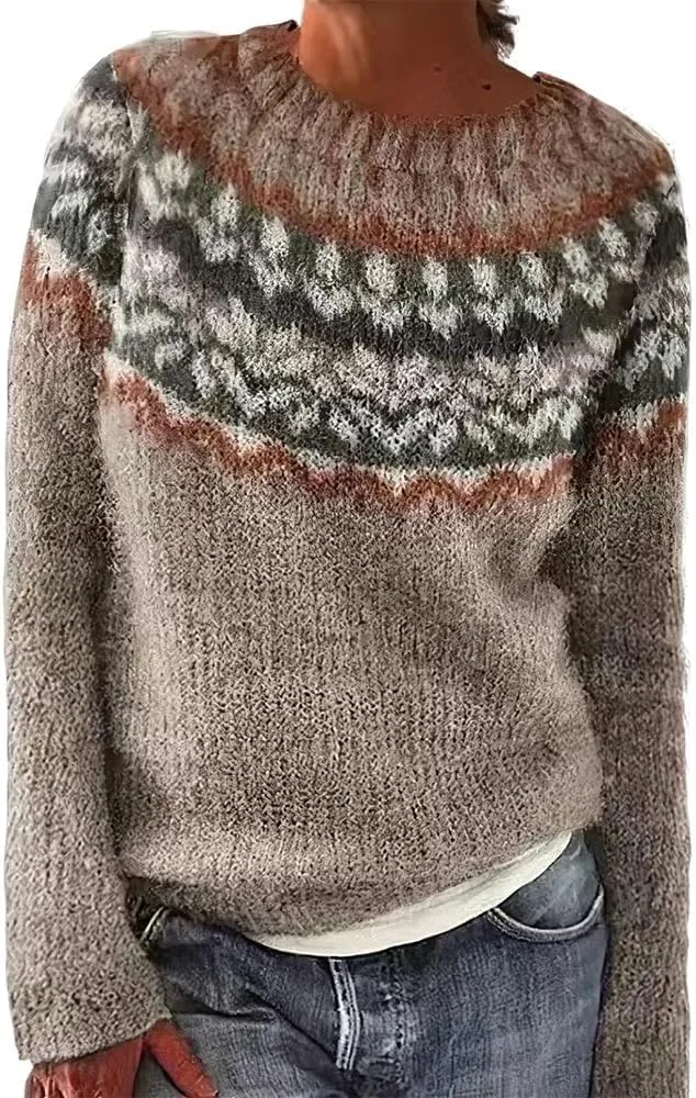Fair Isle Sweater Women Plus Size Christmas Wool Knitted Striped Long Sleeve Retro Crewneck Sweatshirts Pullover Tops