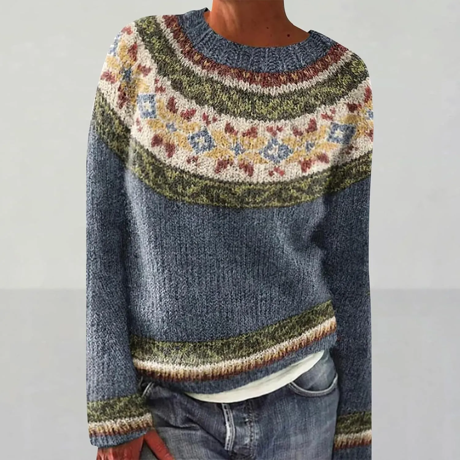Fair Isle Sweater Women Plus Size Christmas Wool Knitted Striped Long Sleeve Retro Crewneck Sweatshirts Pullover Tops