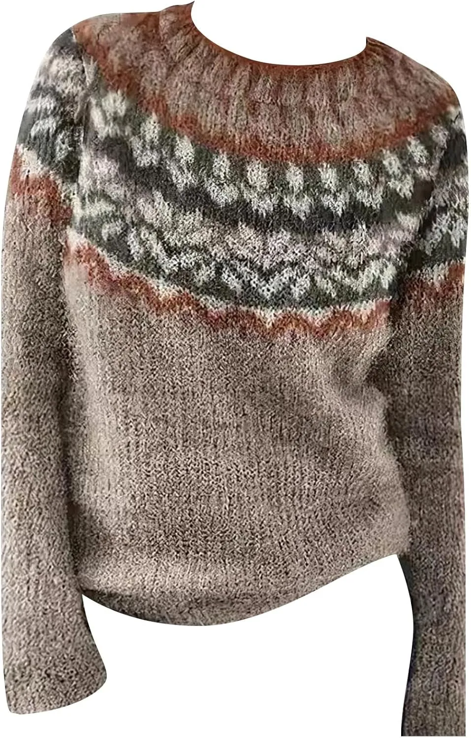 Fair Isle Sweater Women Plus Size Christmas Wool Knitted Striped Long Sleeve Retro Crewneck Sweatshirts Pullover Tops