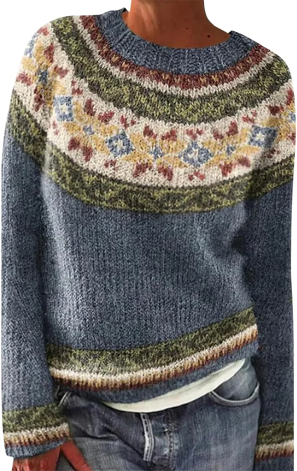 Fair Isle Sweater Women Plus Size Christmas Wool Knitted Striped Long Sleeve Retro Crewneck Sweatshirts Pullover Tops