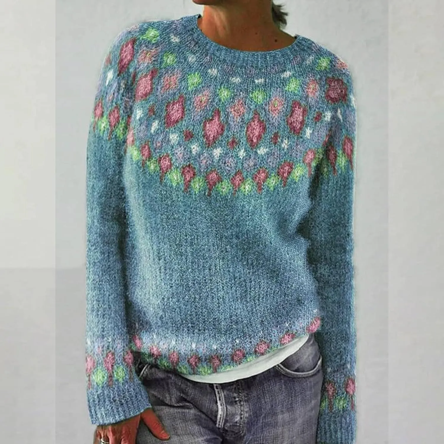 Fair Isle Sweater Women Plus Size Christmas Wool Knitted Striped Long Sleeve Retro Crewneck Sweatshirts Pullover Tops