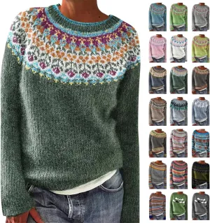 Fair Isle Sweater Women Plus Size Christmas Wool Knitted Striped Long Sleeve Retro Crewneck Sweatshirts Pullover Tops
