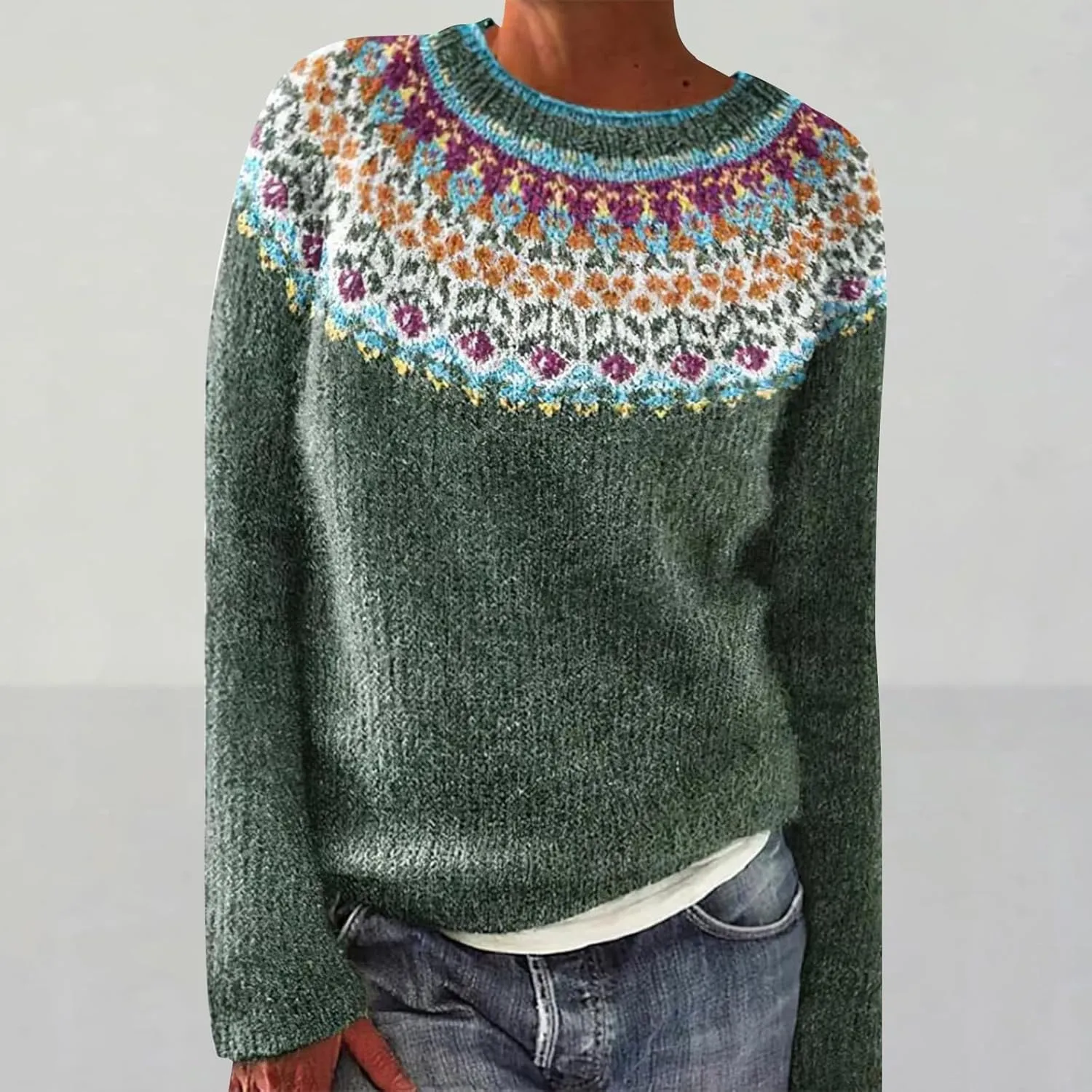 Fair Isle Sweater Women Plus Size Christmas Wool Knitted Striped Long Sleeve Retro Crewneck Sweatshirts Pullover Tops