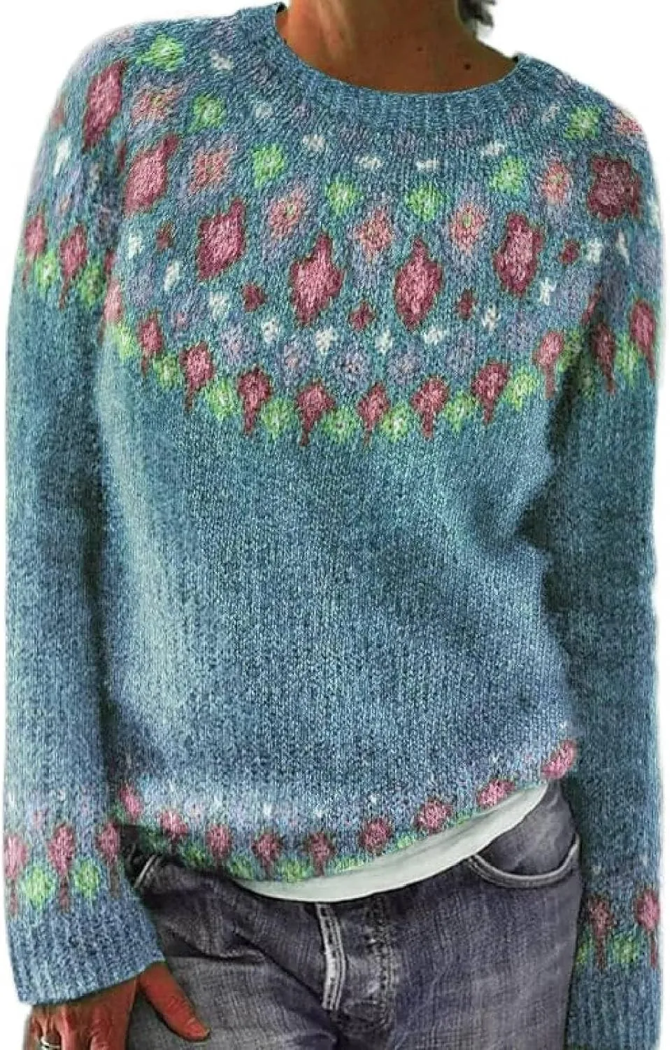 Fair Isle Sweater Women Plus Size Christmas Wool Knitted Striped Long Sleeve Retro Crewneck Sweatshirts Pullover Tops