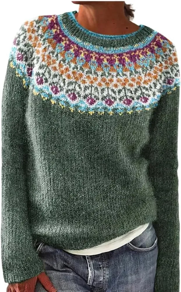 Fair Isle Sweater Women Plus Size Christmas Wool Knitted Striped Long Sleeve Retro Crewneck Sweatshirts Pullover Tops