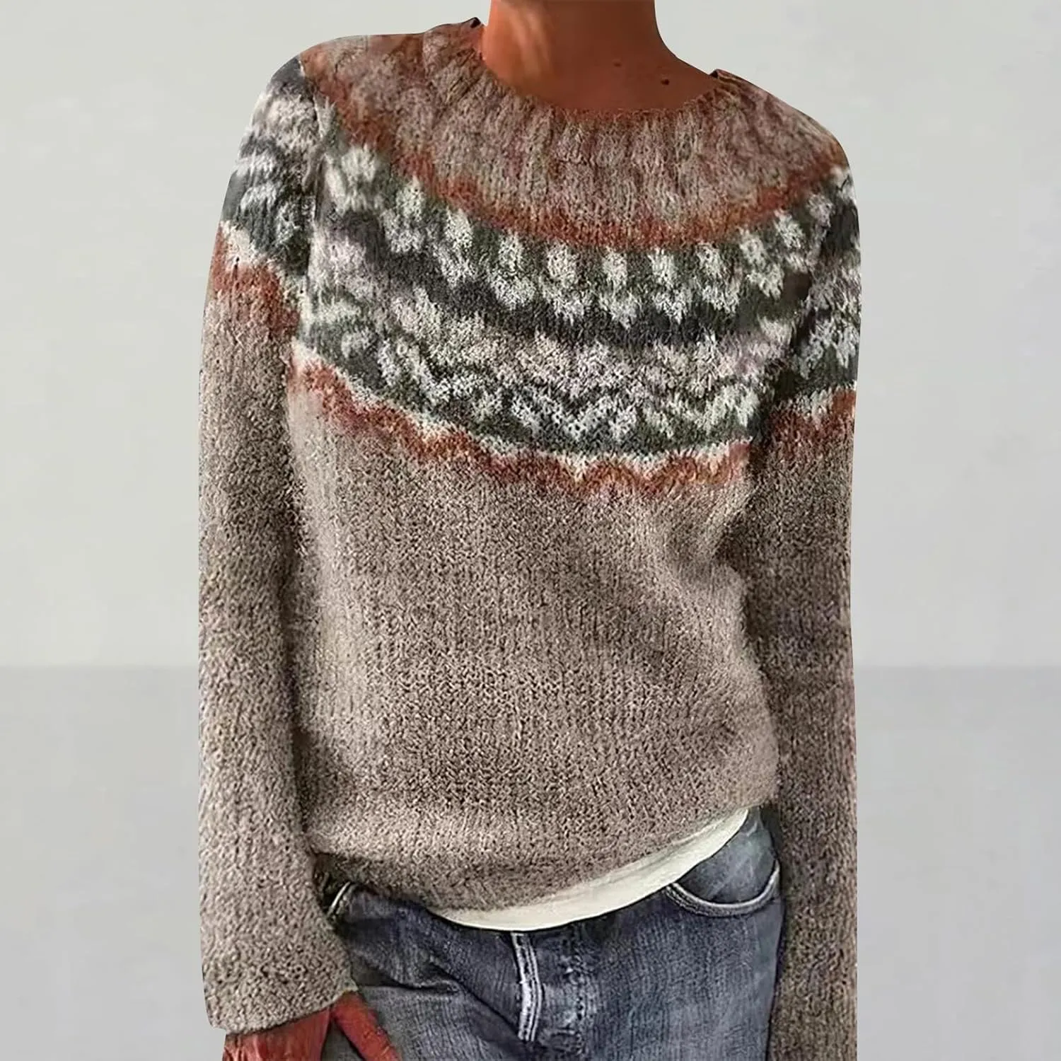 Fair Isle Sweater Women Plus Size Christmas Wool Knitted Striped Long Sleeve Retro Crewneck Sweatshirts Pullover Tops