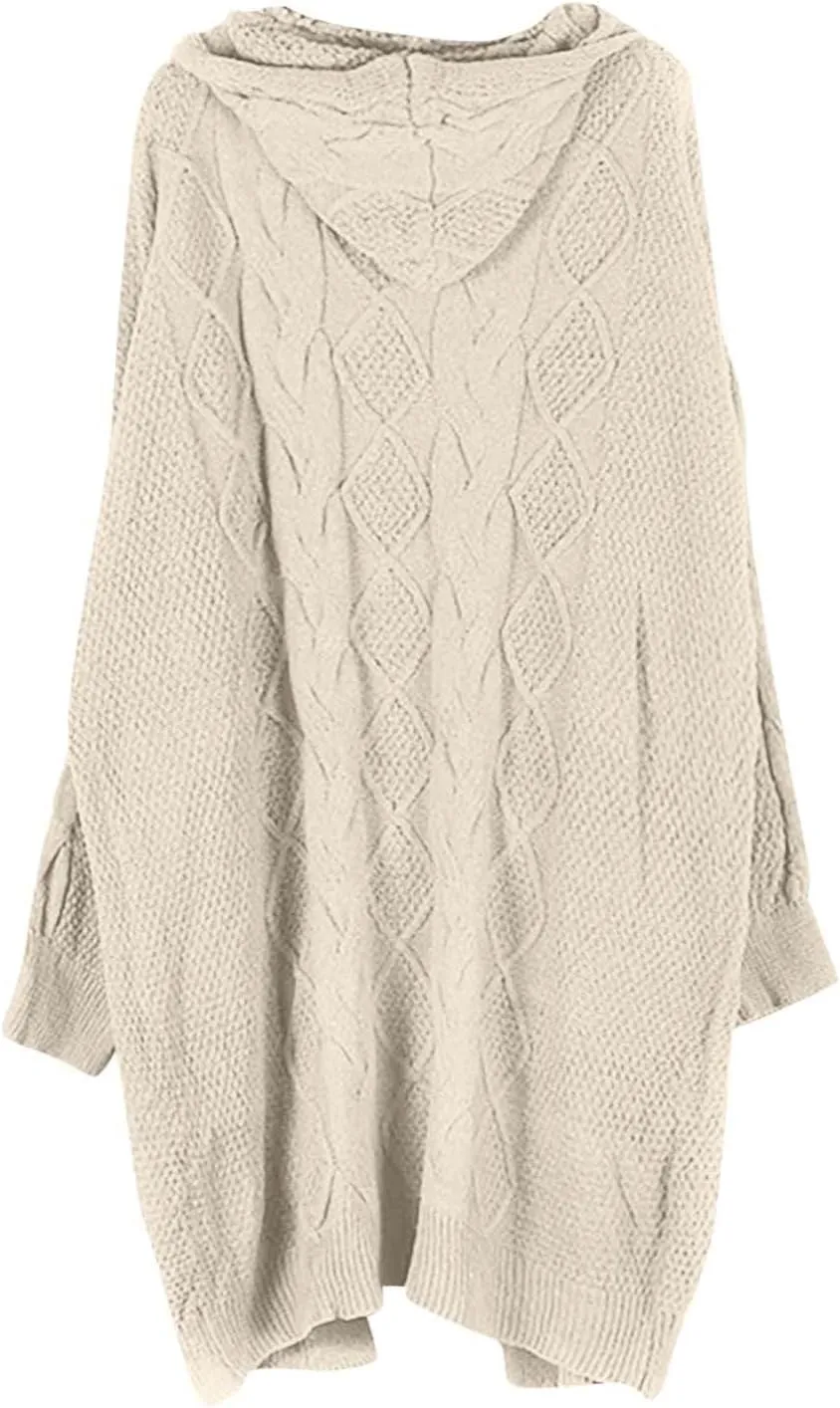 Fall Sweaters for Women 2024 Long Cardigans Cable Knitted Open Front Oversized Hooded Outerwear Sweater Coat