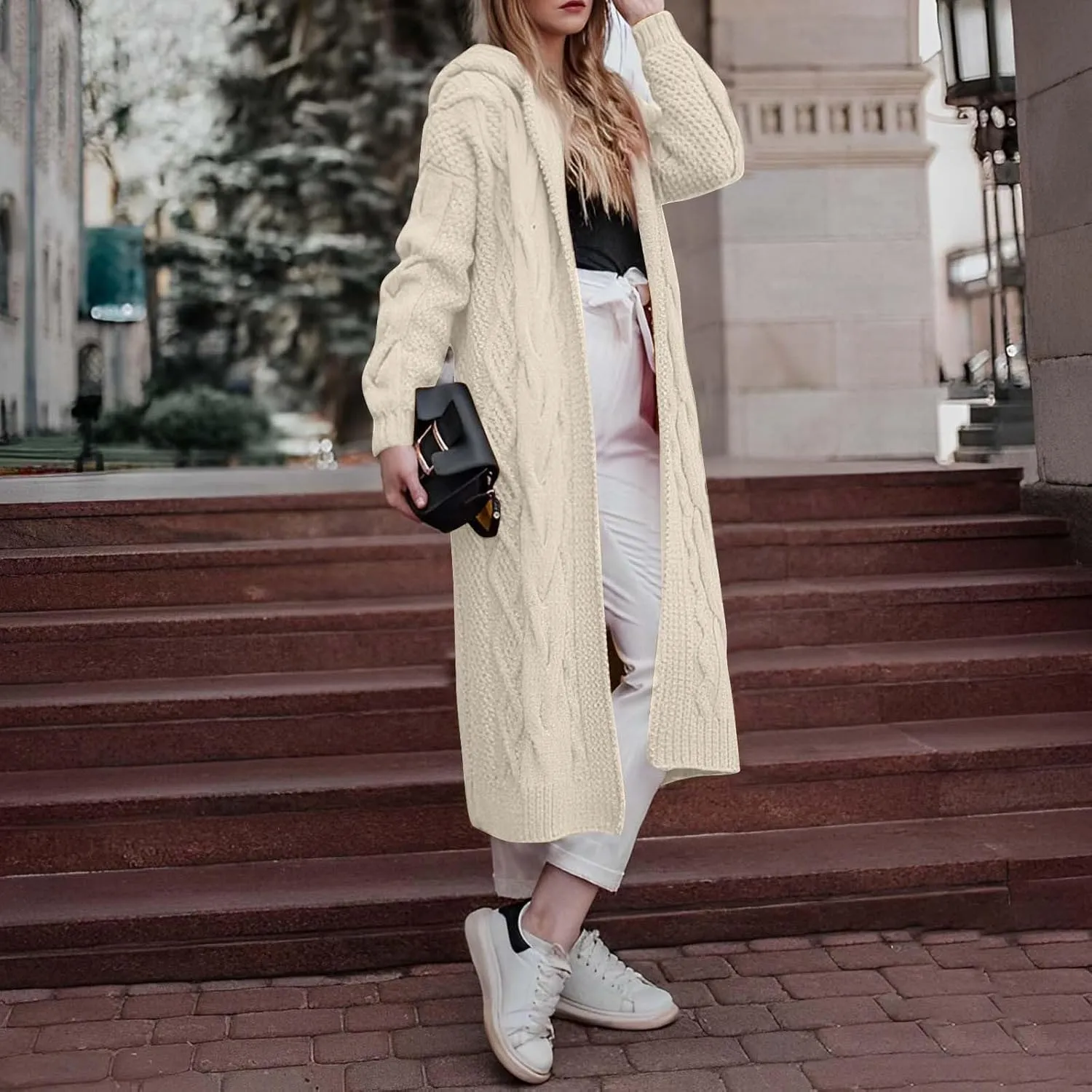Fall Sweaters for Women 2024 Long Cardigans Cable Knitted Open Front Oversized Hooded Outerwear Sweater Coat