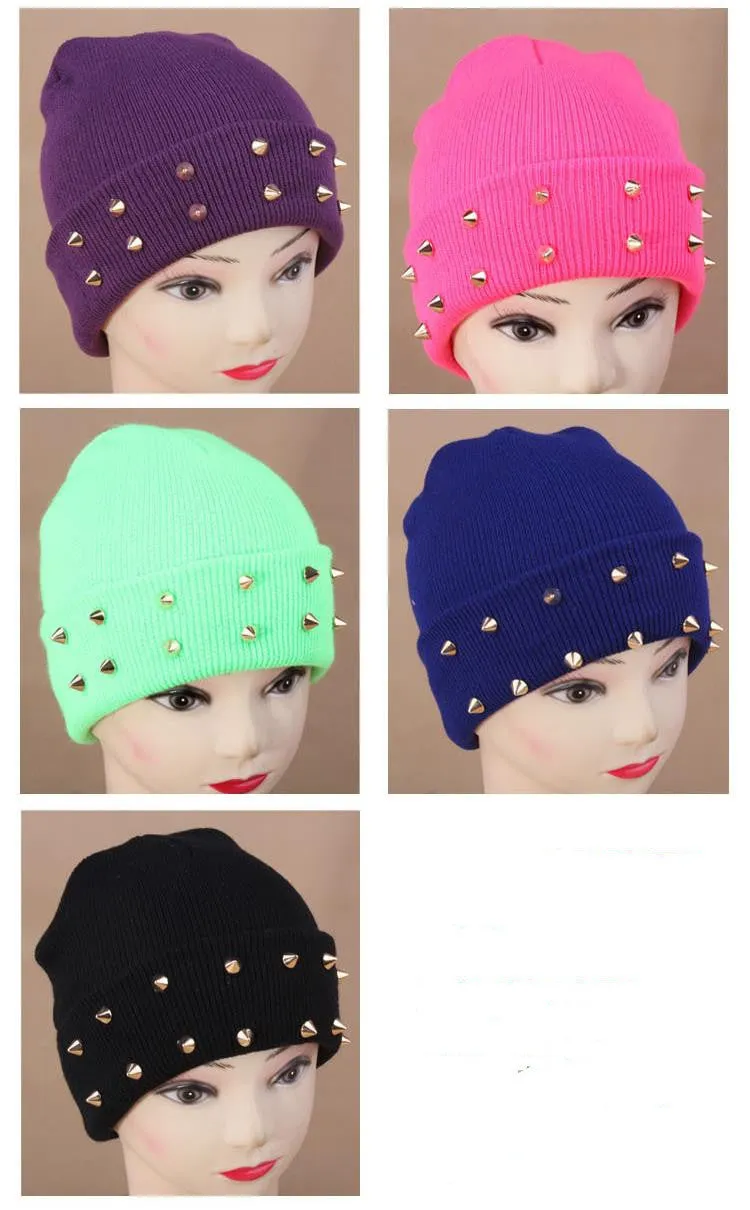 Fashion Unisex Men Knitted Hat Female Jelly Fluo Hat Autumn and Winter Hats for Women Plastic Rivets Wrap Gorro Beanies Cap