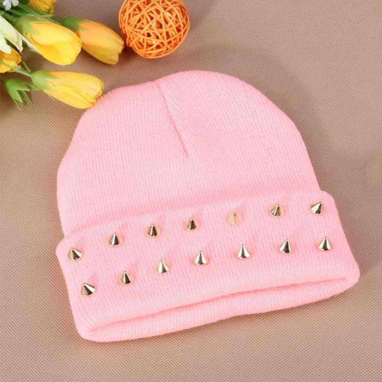 Fashion Unisex Men Knitted Hat Female Jelly Fluo Hat Autumn and Winter Hats for Women Plastic Rivets Wrap Gorro Beanies Cap