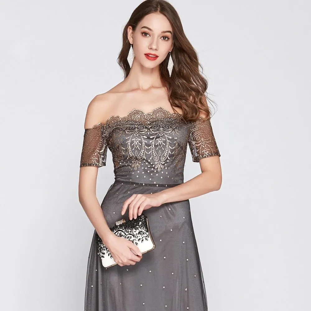 FashionSierra - Women's Slash Neckline Sexy Off the Shoulder Embroidery Elegant Party Prom Long Maxi Designer Runway Dresses