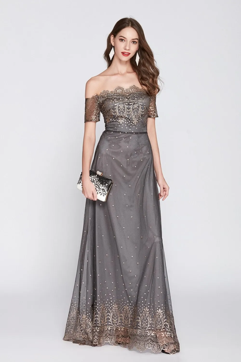 FashionSierra - Women's Slash Neckline Sexy Off the Shoulder Embroidery Elegant Party Prom Long Maxi Designer Runway Dresses