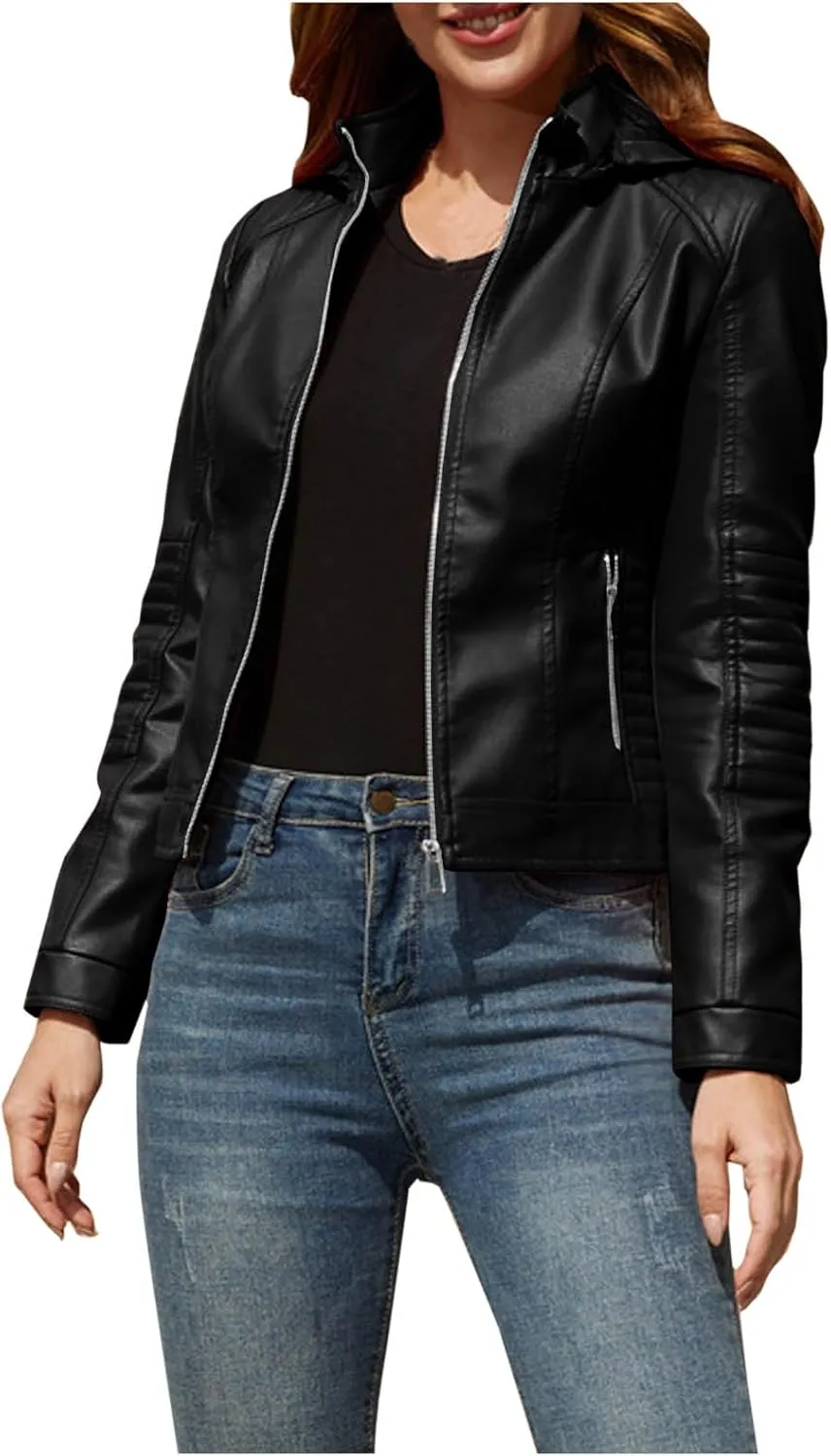 Faux Leather Moto Jacket for Women Fashion Dressy Leather Biker Coat Lightweight Slim Fit Zipper Jackets Outwear