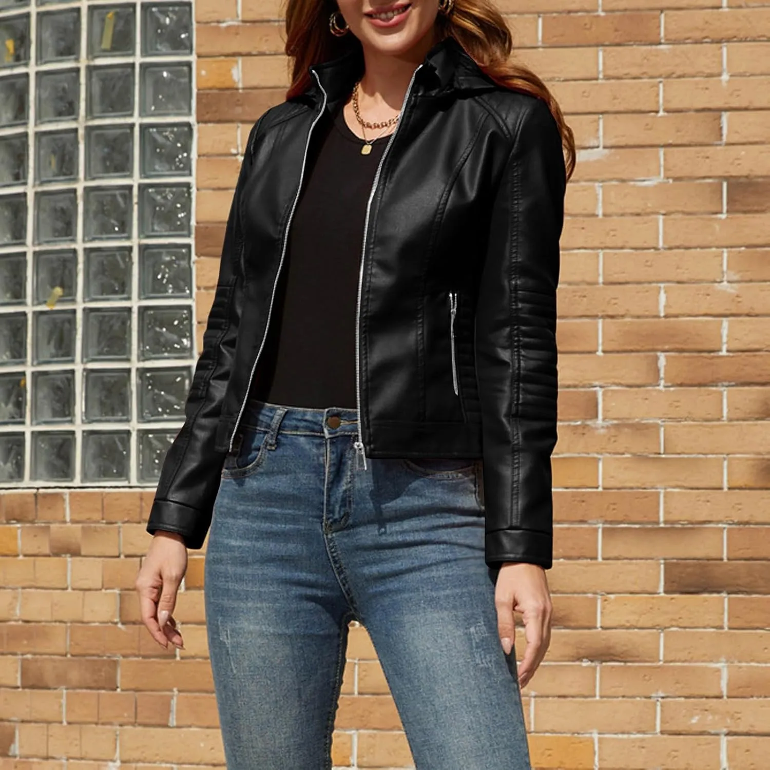 Faux Leather Moto Jacket for Women Fashion Dressy Leather Biker Coat Lightweight Slim Fit Zipper Jackets Outwear