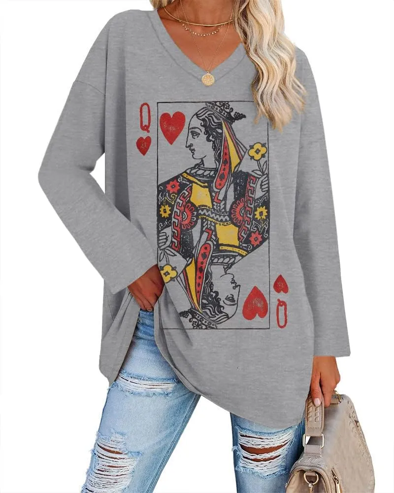 Fazortev Womens Oversized Long Sleeve Queen Of Hearts Graphic T Shirts V Neck Casual Loose Fit Tees Tunic Tops