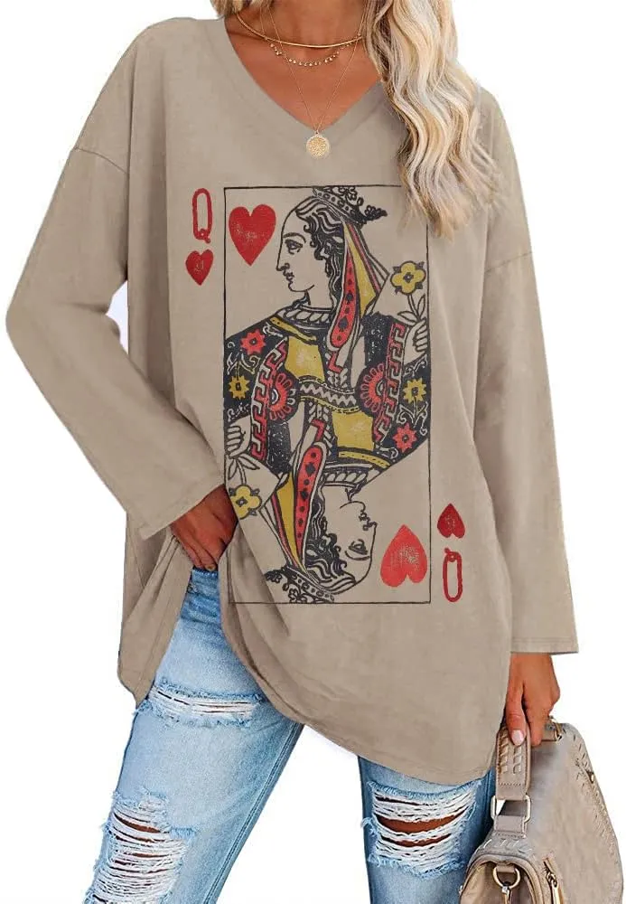 Fazortev Womens Oversized Long Sleeve Queen Of Hearts Graphic T Shirts V Neck Casual Loose Fit Tees Tunic Tops