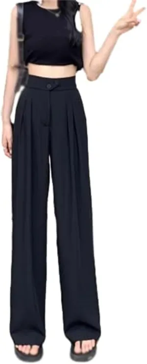 Figure-Flattering Versatile High-Waisted Wide Leg Trousers, Womens Loose Fit Straight Pants, Casual Pants
