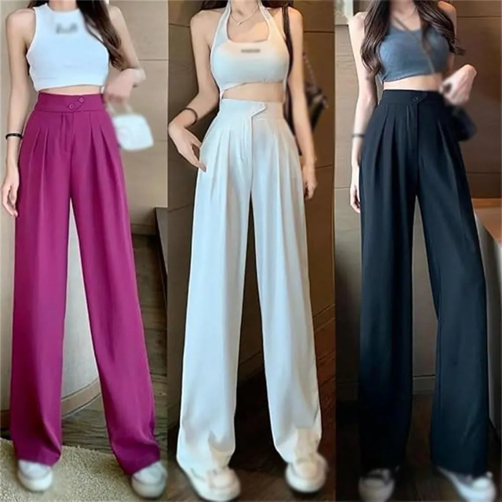 Figure-Flattering Versatile High-Waisted Wide Leg Trousers, Womens Loose Fit Straight Pants, Casual Pants