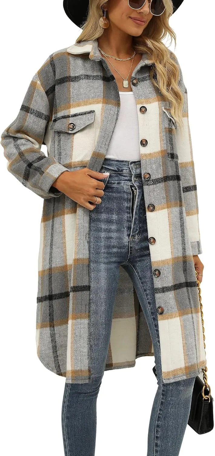 FindThy Womens Long Plaid Shacket Wool Blend Button Down Shirt Jacket Coat with Pockets