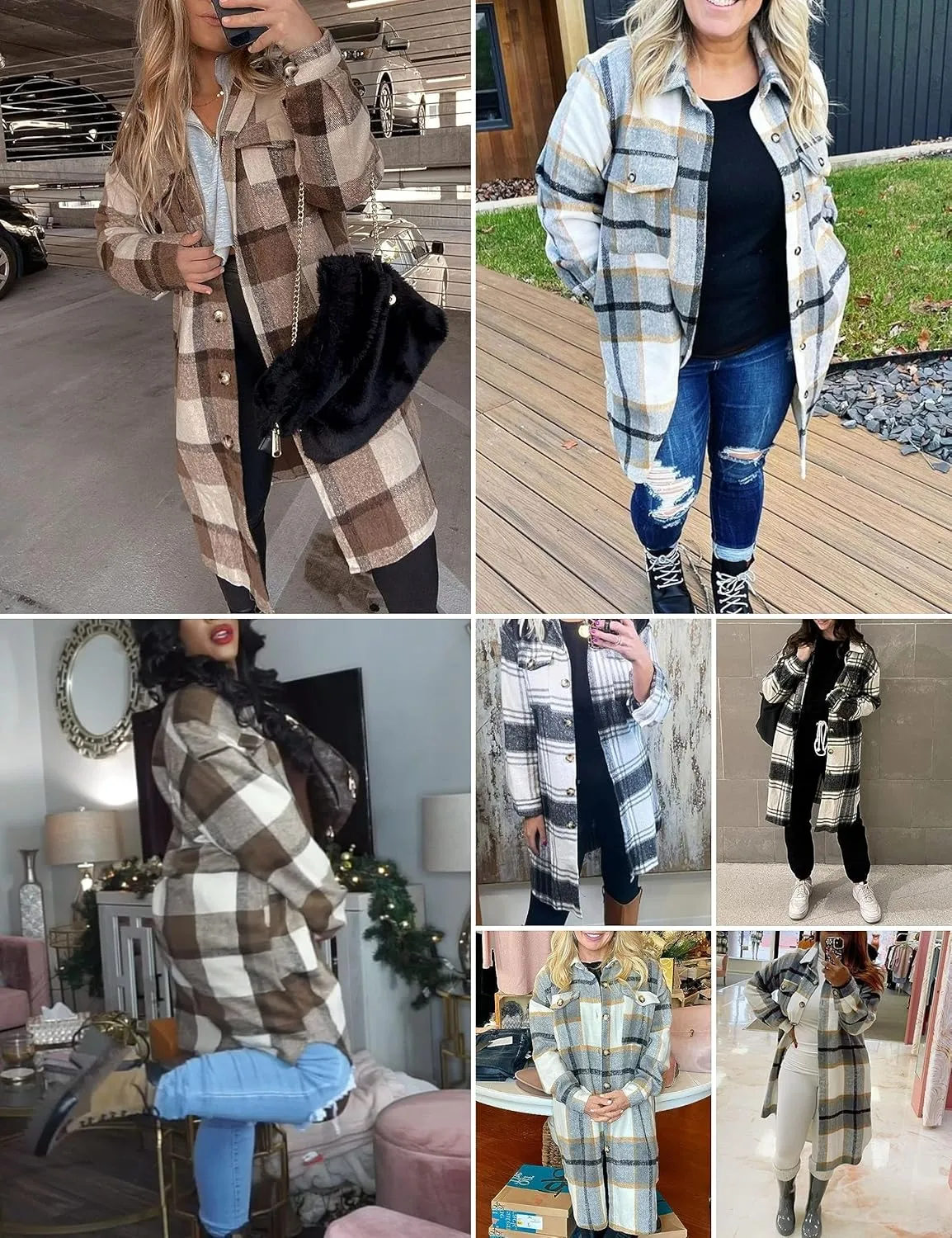 FindThy Womens Long Plaid Shacket Wool Blend Button Down Shirt Jacket Coat with Pockets