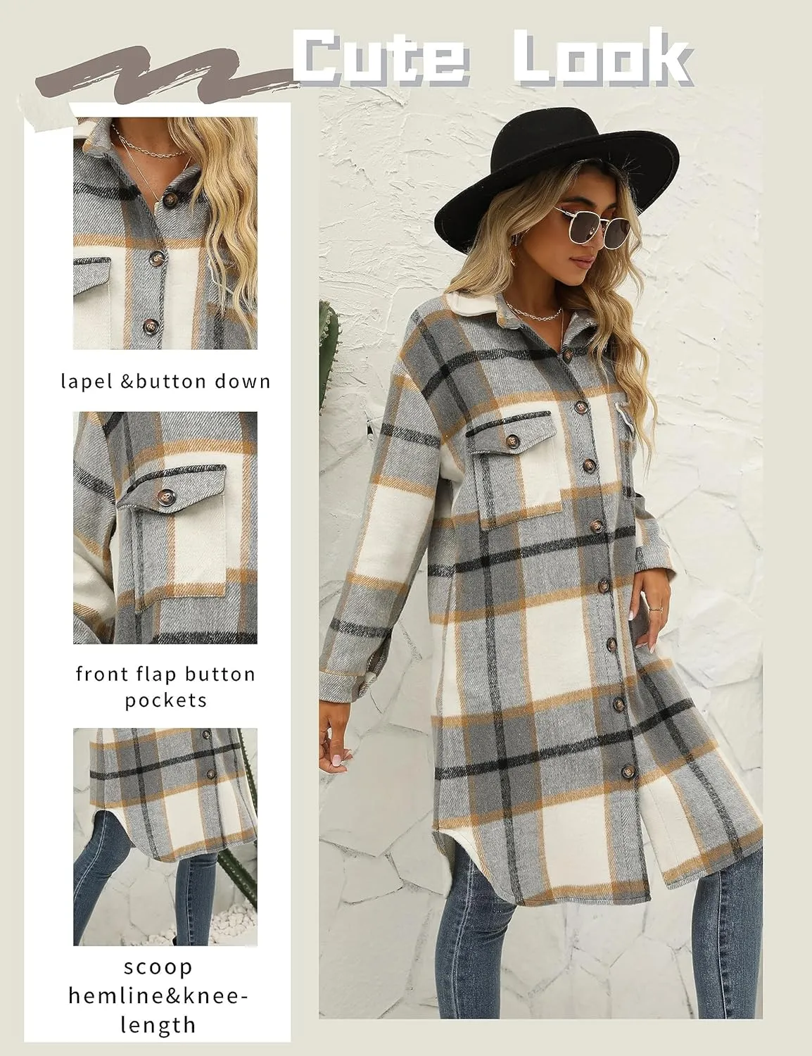FindThy Womens Long Plaid Shacket Wool Blend Button Down Shirt Jacket Coat with Pockets