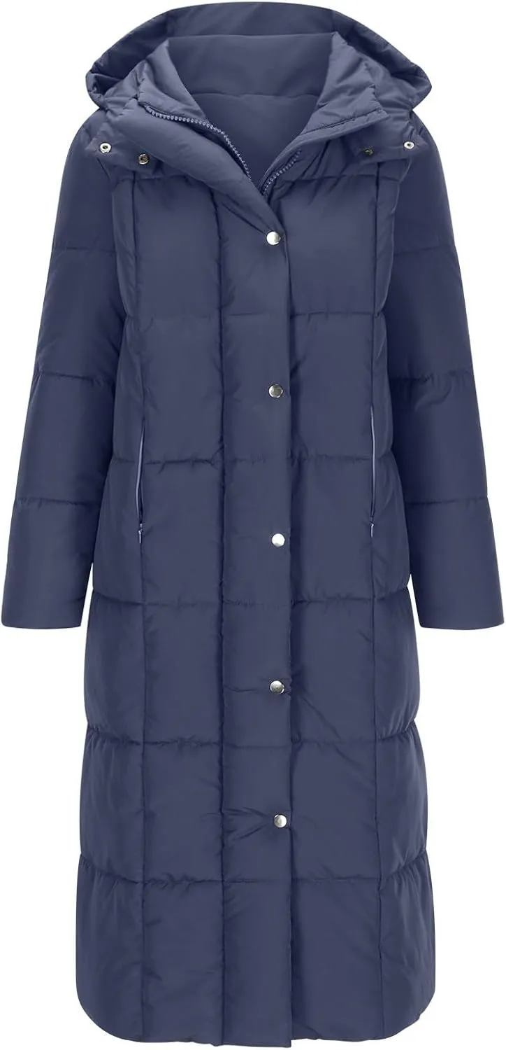 Finelylove Long Winter Coats for Women Trendy Quilted Down Puffer Jacket Waterproof Warm Thick Maxi Parka Coat with Hood