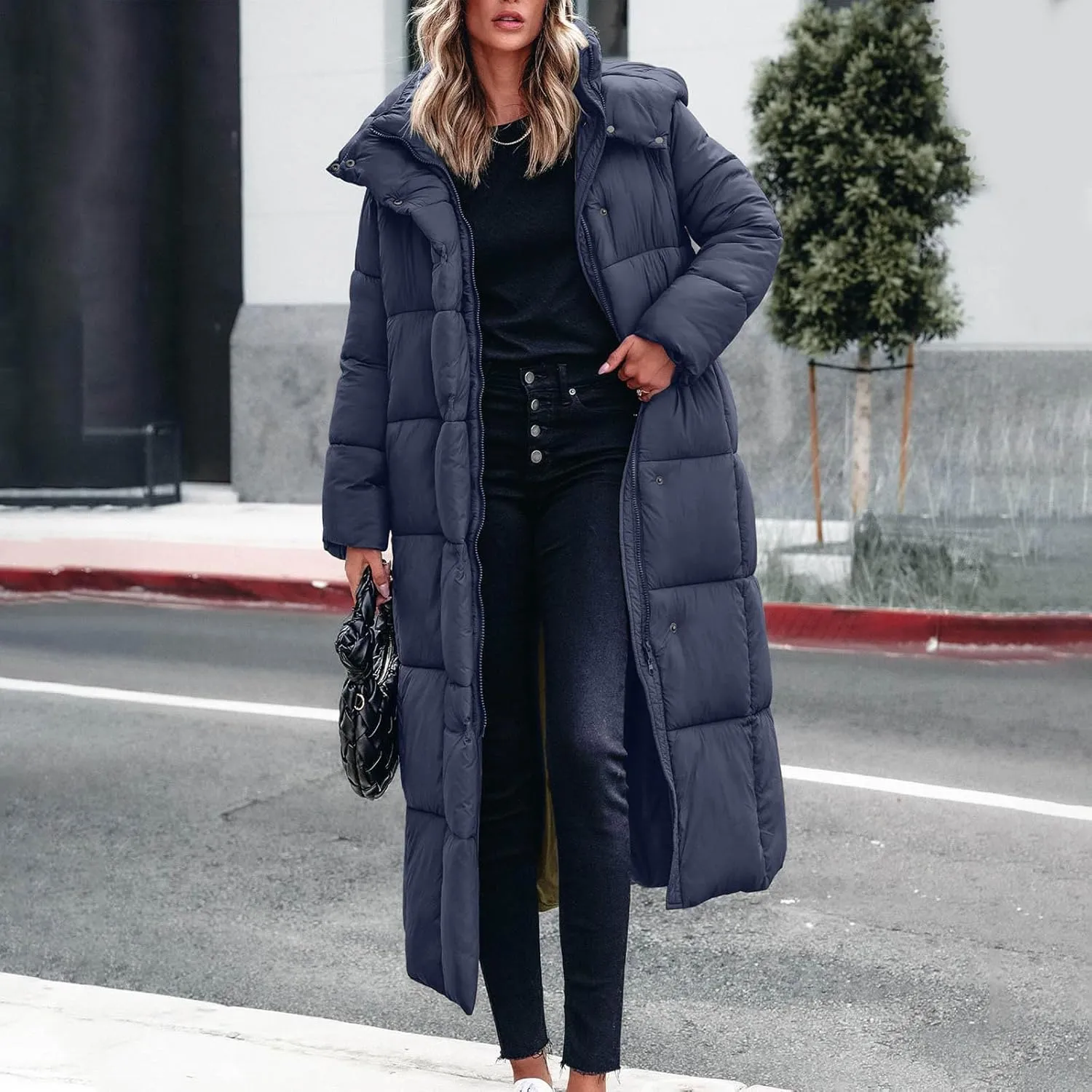 Finelylove Long Winter Coats for Women Trendy Quilted Down Puffer Jacket Waterproof Warm Thick Maxi Parka Coat with Hood