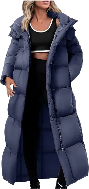 Finelylove Long Winter Coats for Women Trendy Quilted Down Puffer Jacket Waterproof Warm Thick Maxi Parka Coat with Hood