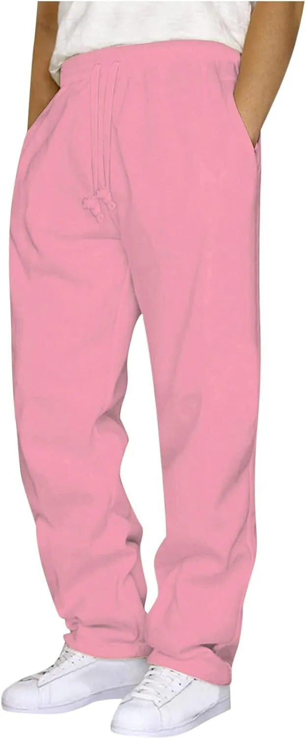 Finelylove Sweat Pants for Men Fleece Workout Joggers Pants Loose Straight Wide Leg Track Pants Solid Casual Trousers