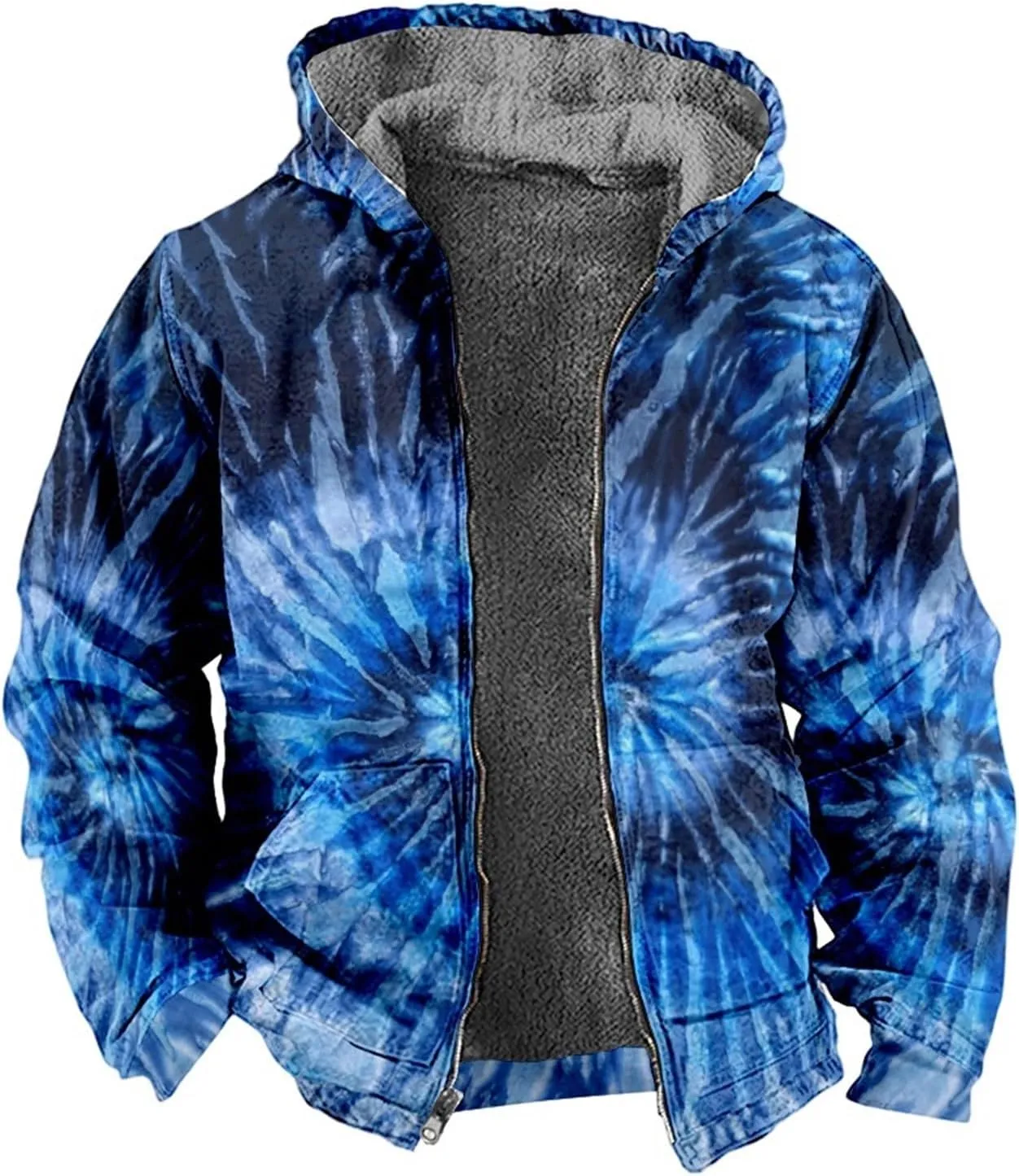 Fleece Hoodies for Men Tie Dye Fashion Coat Zip Up Casual Jacket Long Sleeve Comfort Outwear Hooded Sweatshirts with Pocket Sweatshirts for Teen Boys (Blue,L)