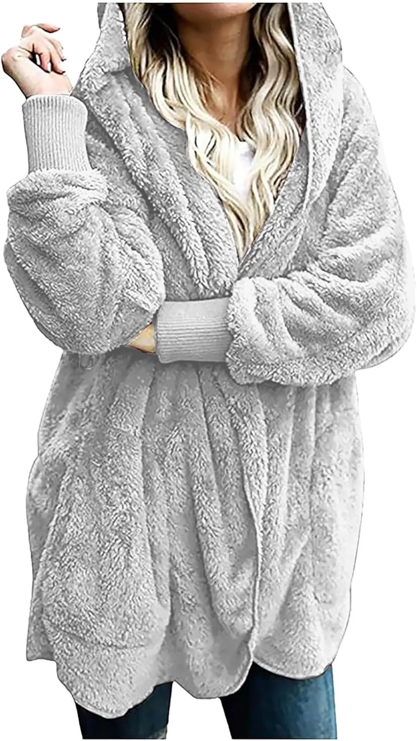 Fleece Jackets for Women Winter Coats with Hood Warm Oversized Fuzzy Jacket Long Cardigan Sweaters Soft Coat